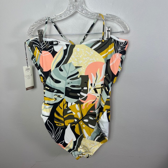 NWT Calia Shirred Cutout One Piece Swimsuit Tummy Control Multi Palm 16 - Picture 5 of 7